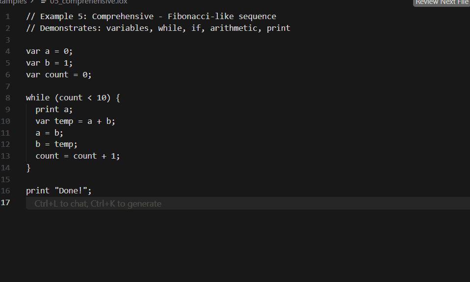Lox — Crafting Interpreters Implementation - Fibonacci Example (05_comprehensive.lox) 1